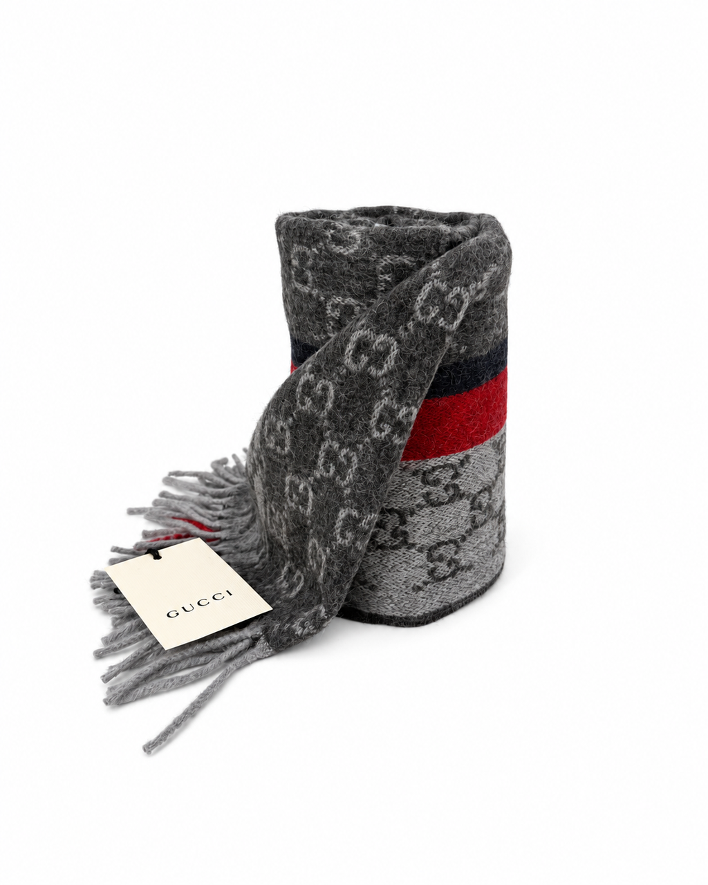 Monogram Grey Cashmere & Wool Scarf with Red & Black Stripe