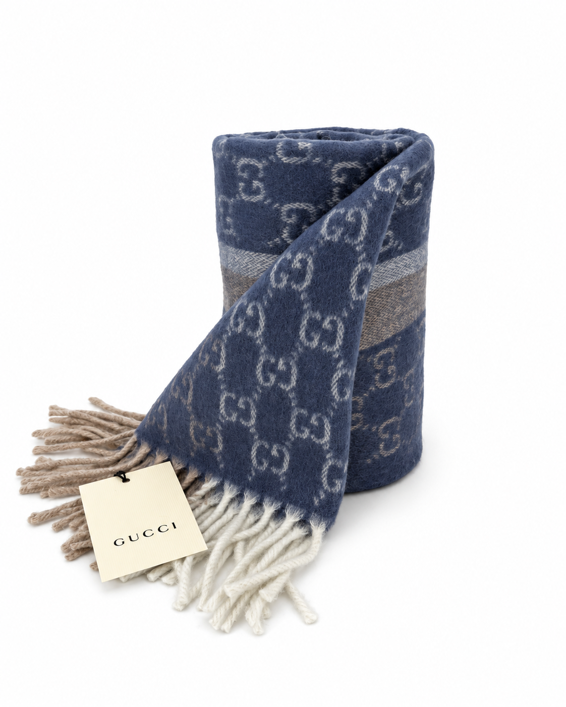 Monogram Blue Cashmere & Wool Scarf with Beige & Cream Fringe