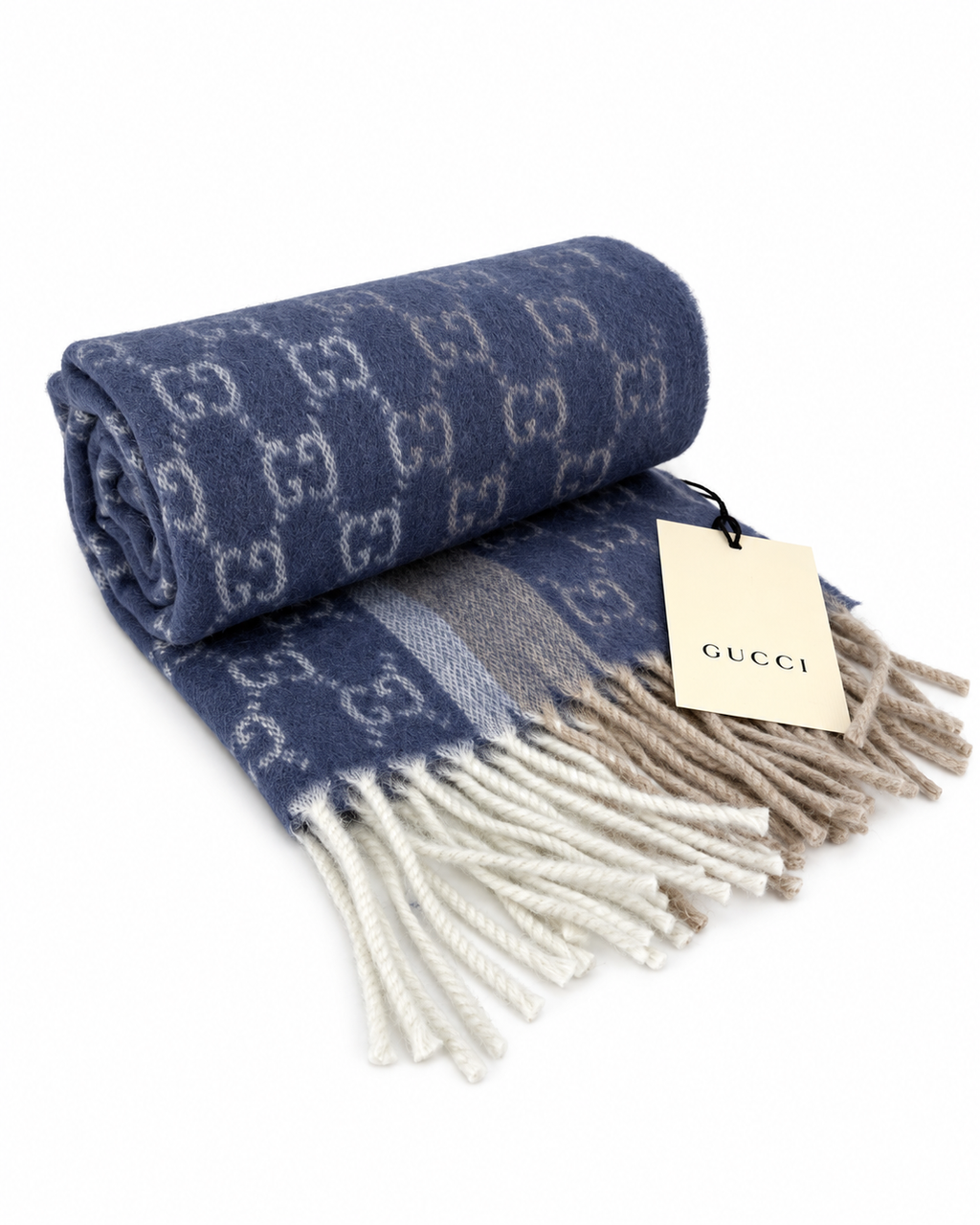 Monogram Blue Cashmere & Wool Scarf with Beige & Cream Fringe