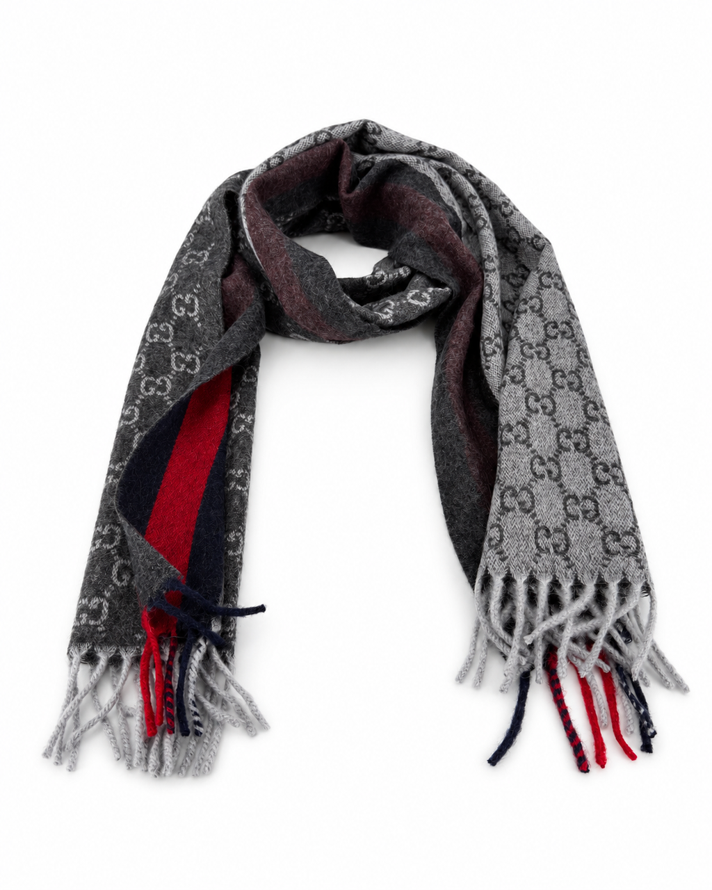 Monogram Charcoal Grey Cashmere & Wool Scarf with Red & Navy Stripe