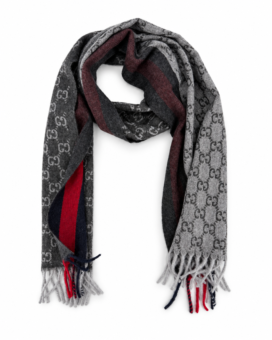 Monogram Charcoal Grey Cashmere & Wool Scarf with Red & Navy Stripe