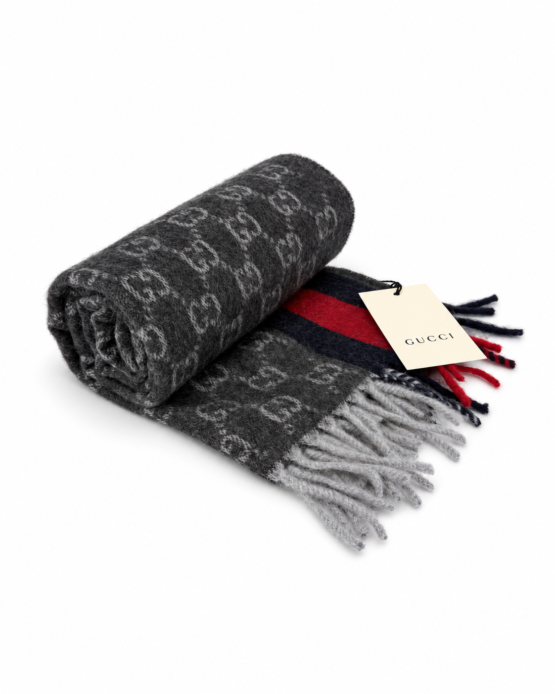Monogram Charcoal Grey Cashmere & Wool Scarf with Red & Navy Stripe