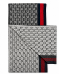 Monogram Charcoal Grey Cashmere & Wool Scarf with Red & Navy Stripe