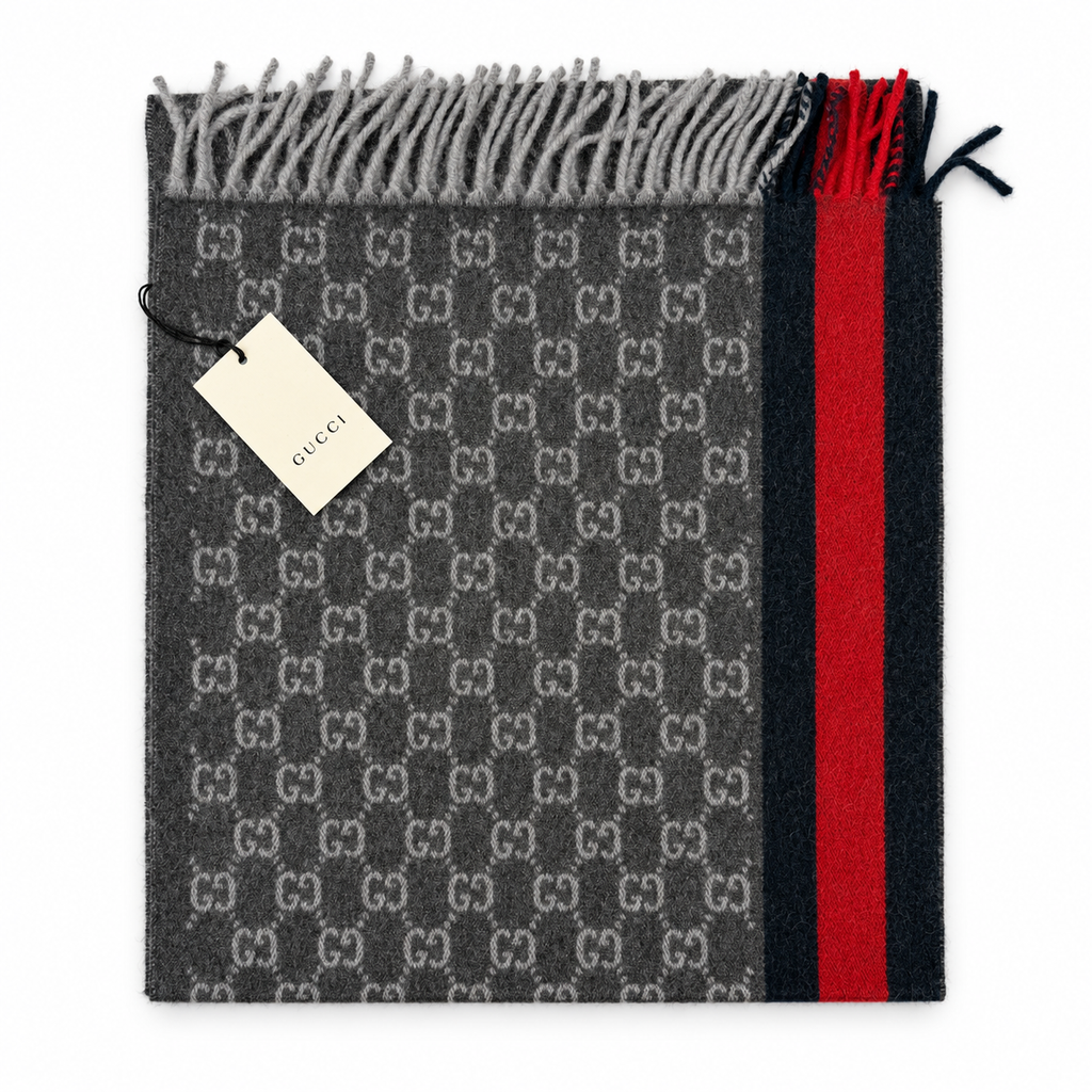 Monogram Charcoal Grey Cashmere & Wool Scarf with Red & Navy Stripe