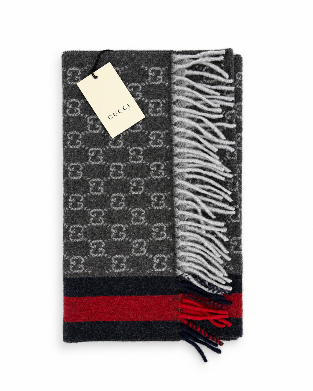 Monogram Charcoal Grey Cashmere & Wool Scarf with Red & Navy Stripe