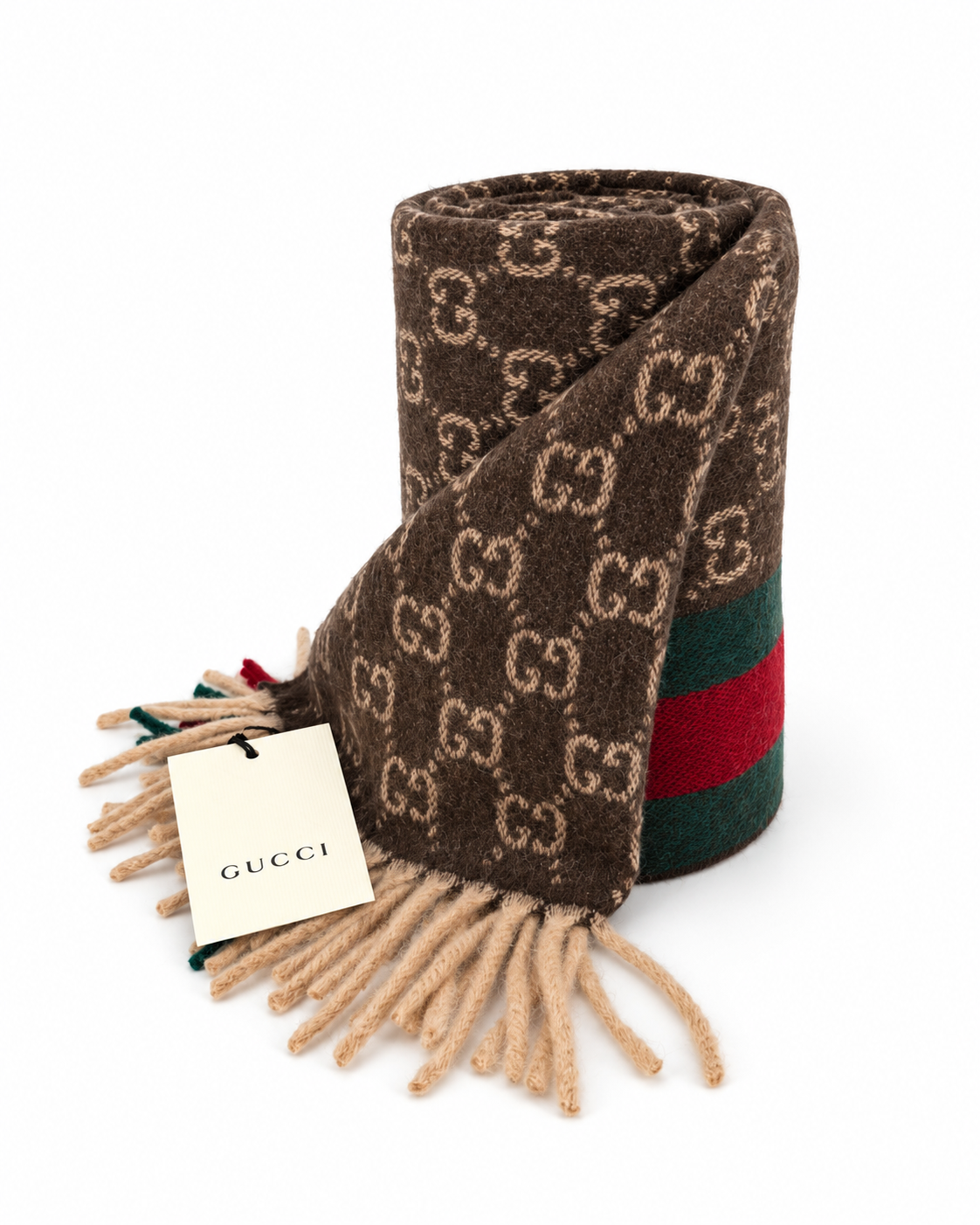 Monogram Brown Cashmere & Wool Scarf with Green & Red Web Stripe