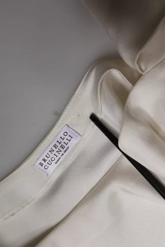 Beige Silk Ascot Collared Long Sleeves Top