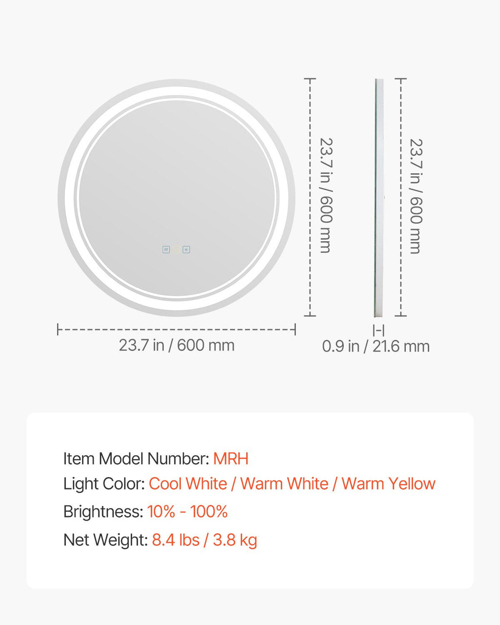 Round LED Bathroom Mirror, 60 cm
